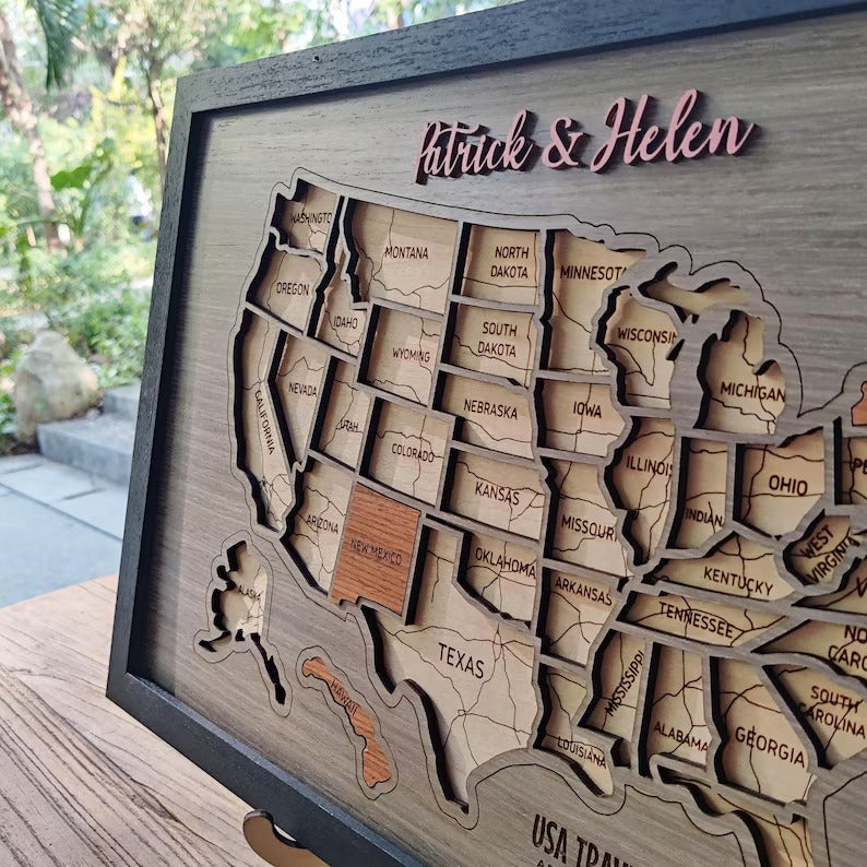 Personalized USA States Puzzle Map(Gery Oak)