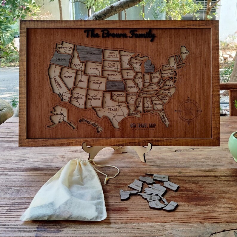 Personalized USA States Puzzle Map(Walnut)