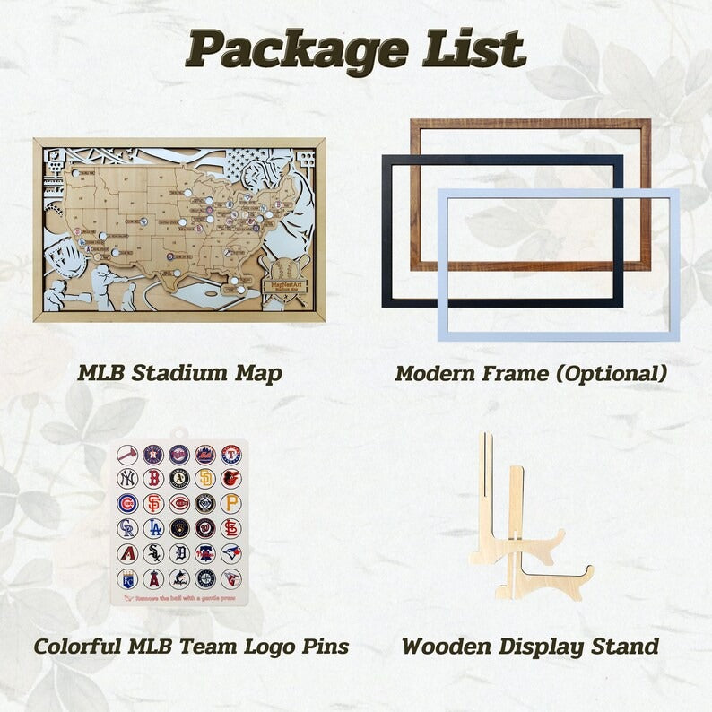 Personalized Wooden MLB Stadium Map with Engraved Nameplate & Team Logo Pins