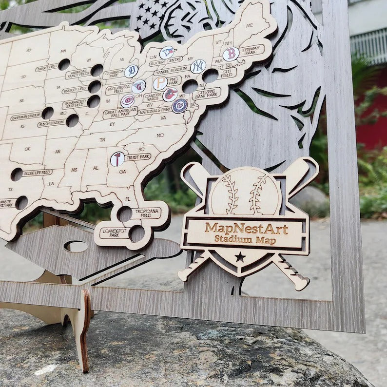 3D Cutout Wooden MLB Stadium Map with Engraved Nameplate & Team Logo Pins