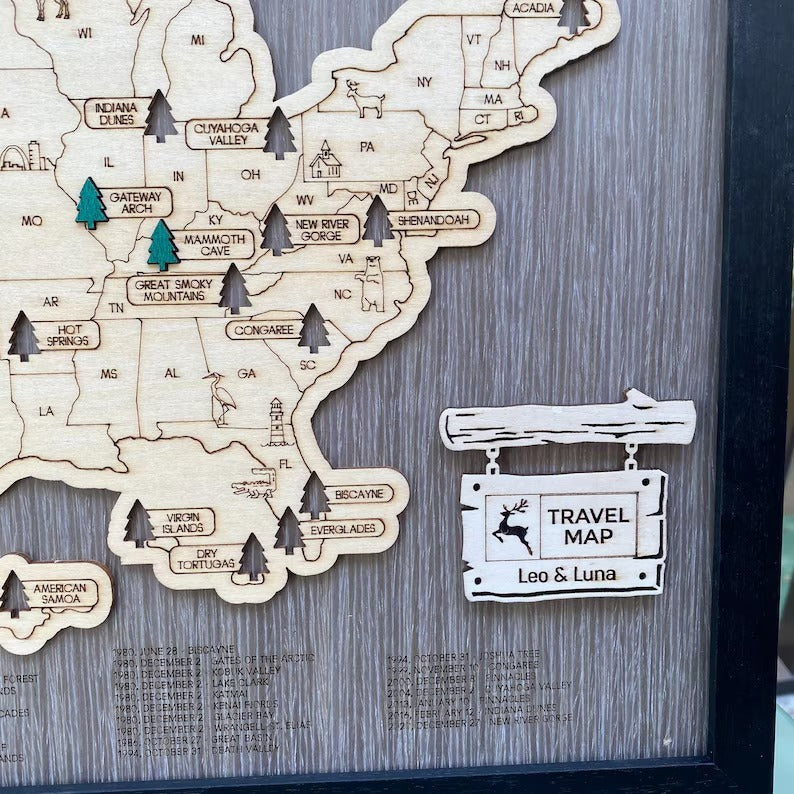 Personalized 2D National Parks Map with Nameplate(Charcoal)
