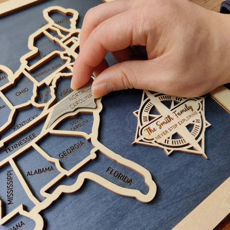 50 States Puzzle Map - Laser Cut Wooden USA Travel Tracker