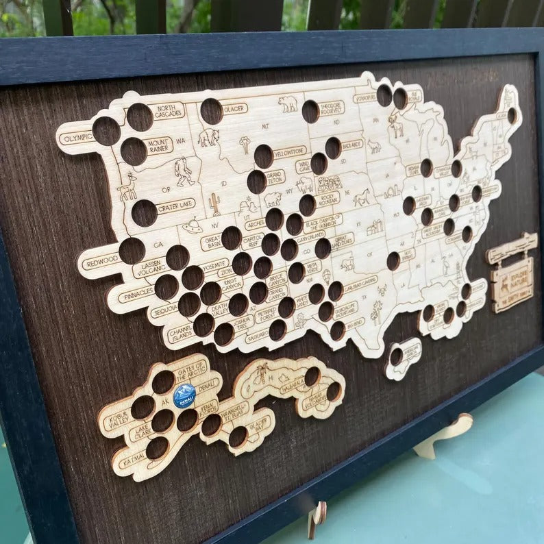 Wooden US National Parks Map - Custom Camping Tracker Wall Art