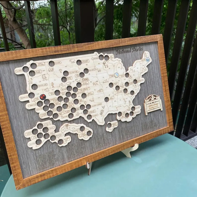 Engraved National Parks Map - Wooden USA Travel Tracker Gift