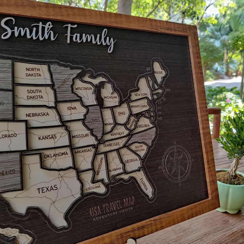 Personalized USA States Puzzle Map(Black Oak)