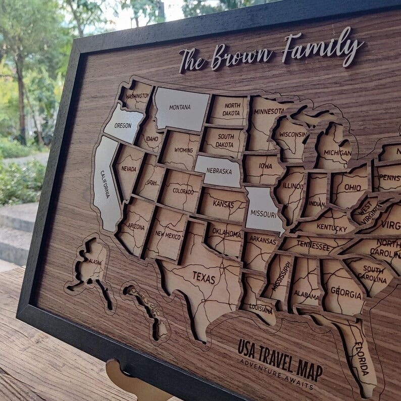 Personalized USA States Puzzle Map(Dark Walnut)