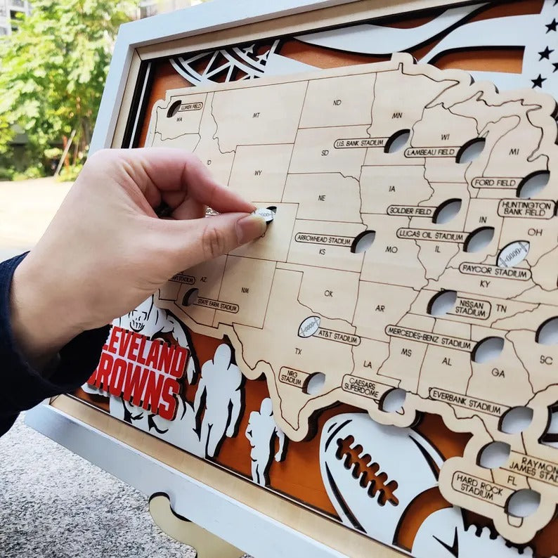 Football Baseball Stadium Map, Wood NFL Stadium Tracker