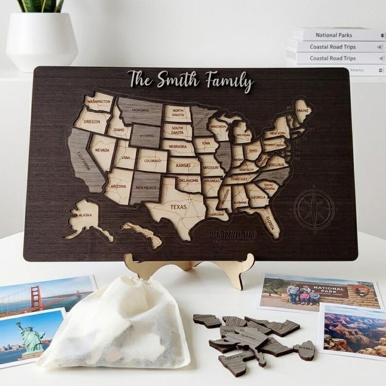 Personalized USA States Puzzle Map(Black Oak)