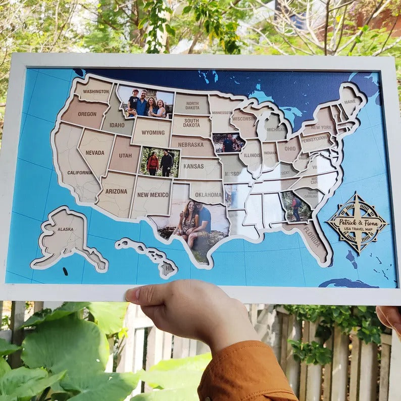 Personalized USA Photo Travel Map - Dark Blue