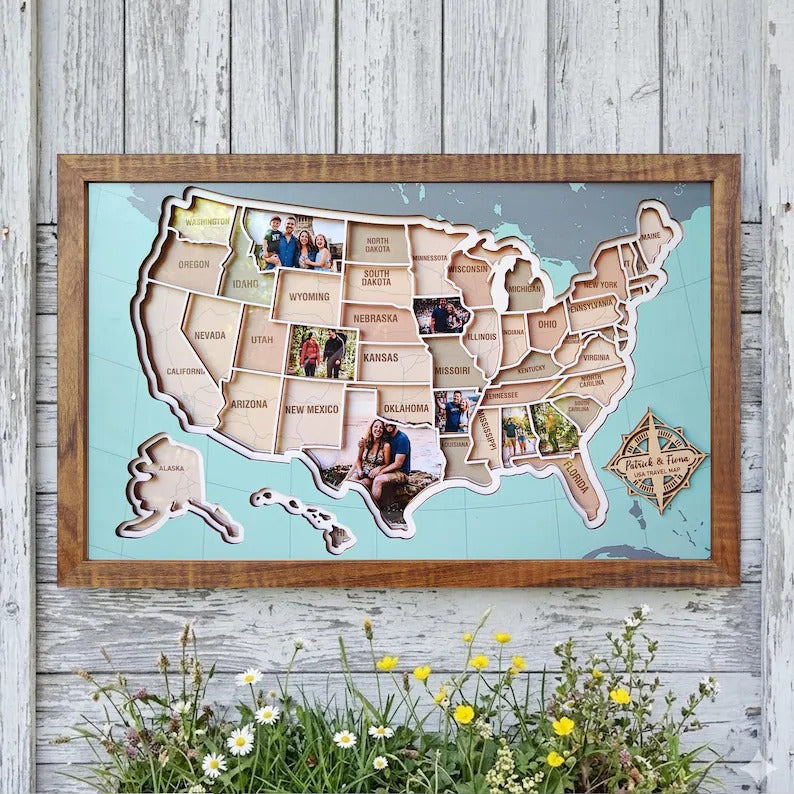 Personalized USA Photo Travel Map - Light Blue