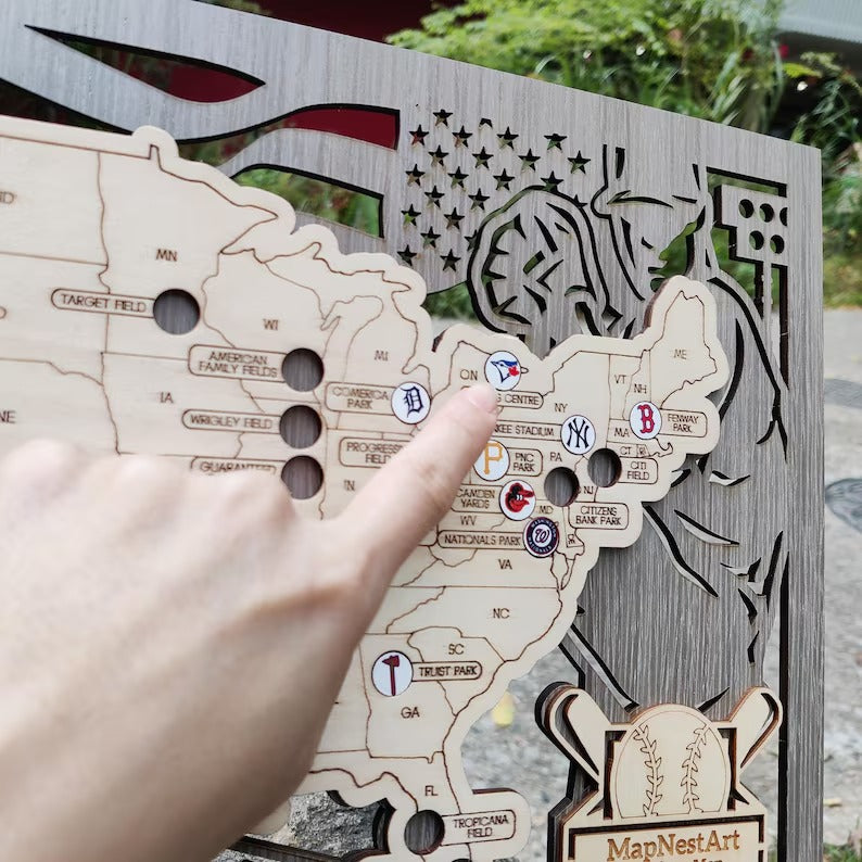 3D Cutout Wooden MLB Stadium Map with Engraved Nameplate & Team Logo Pins