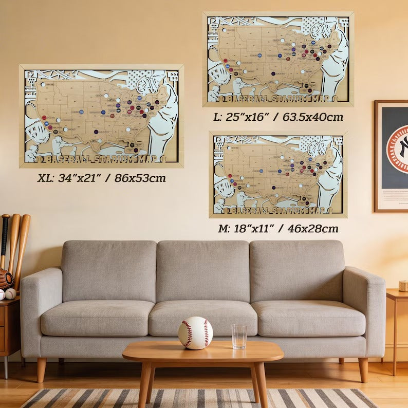 Personalized Wooden MLB Stadium Map with Colorful MLB Team Pins