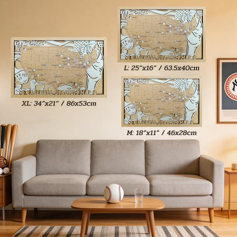 Personalized Wooden MLB Stadium Map with Colorful MLB Team Logo Pins