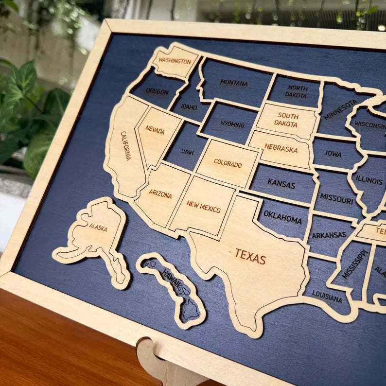 50 States Puzzle Map - Laser Cut Wooden USA Travel Tracker