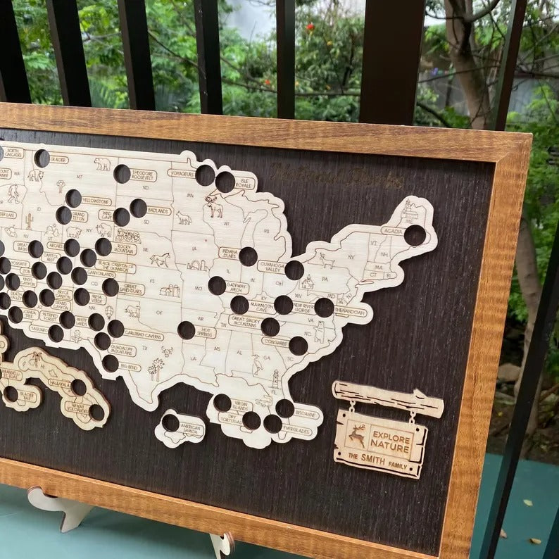 Wooden US National Parks Map - Custom Camping Tracker Wall Art
