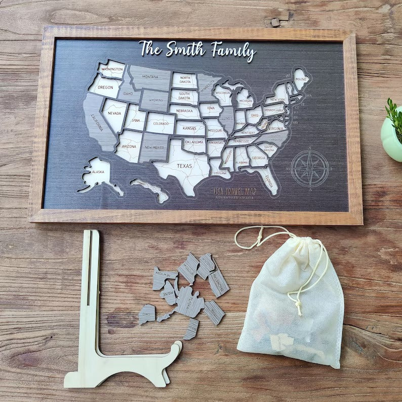 Personalized USA States Puzzle Map(Black Oak)