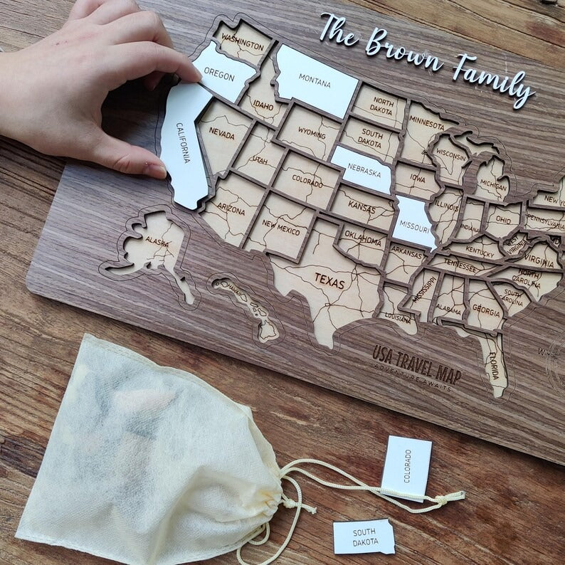 Personalized USA States Puzzle Map(Walnut)
