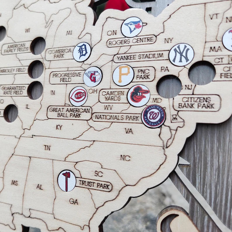 3D Cutout Wooden MLB Stadium Map with Engraved Nameplate & Team Logo Pins