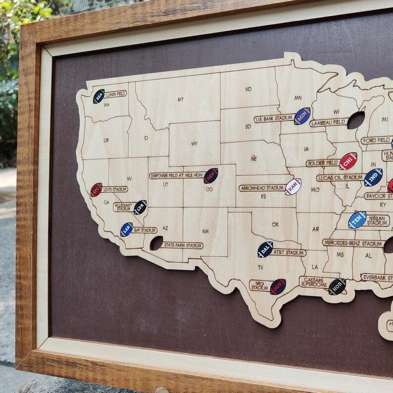 Personalized Brown Wooden NFL Stadium Map with Team Name Pins - Mappae Pilot
