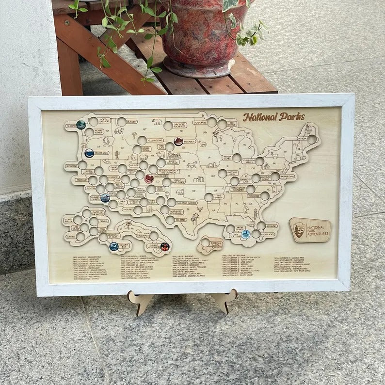 Wooden US National Parks Map - Explore More Sign With Color Pin