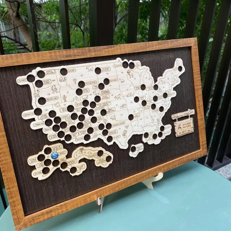 Wooden US National Parks Map - Custom Camping Tracker Wall Art