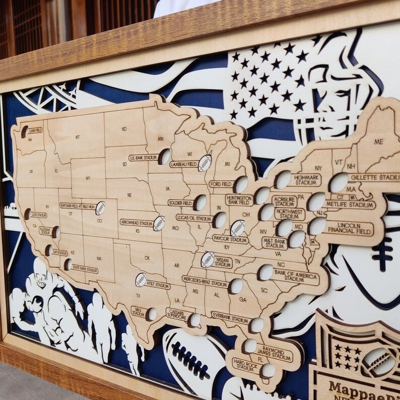 Custom Color Wooden NFL Stadium Map with Personalized Nameplate - Mappae Pilot