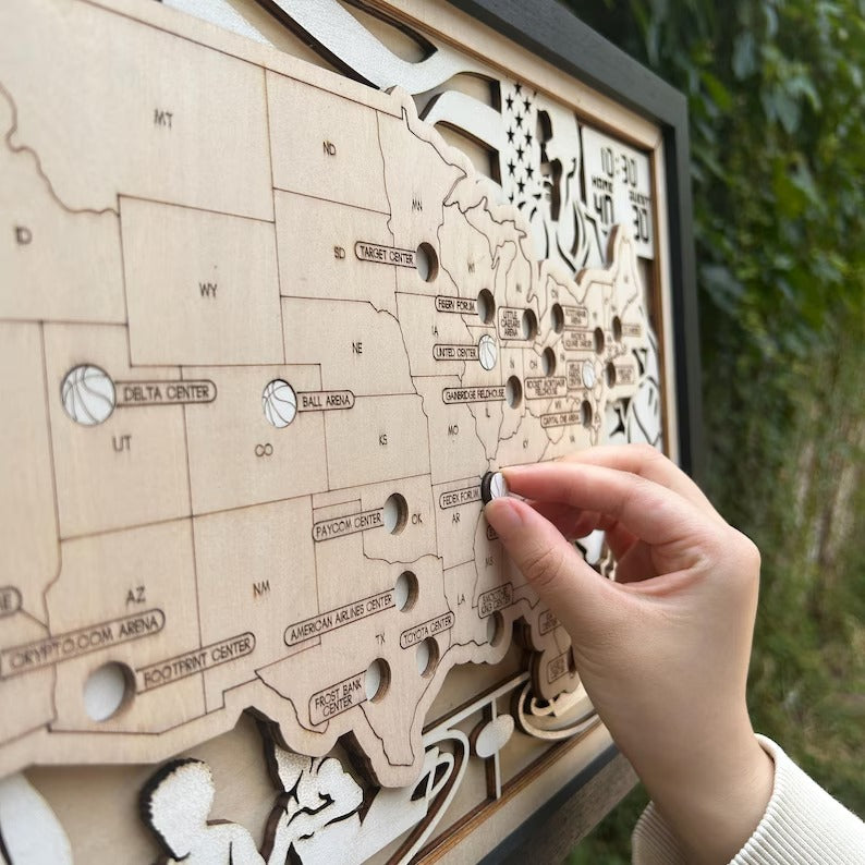 Personalized Soccer Stadium Tracker Map – Natural Wood Background