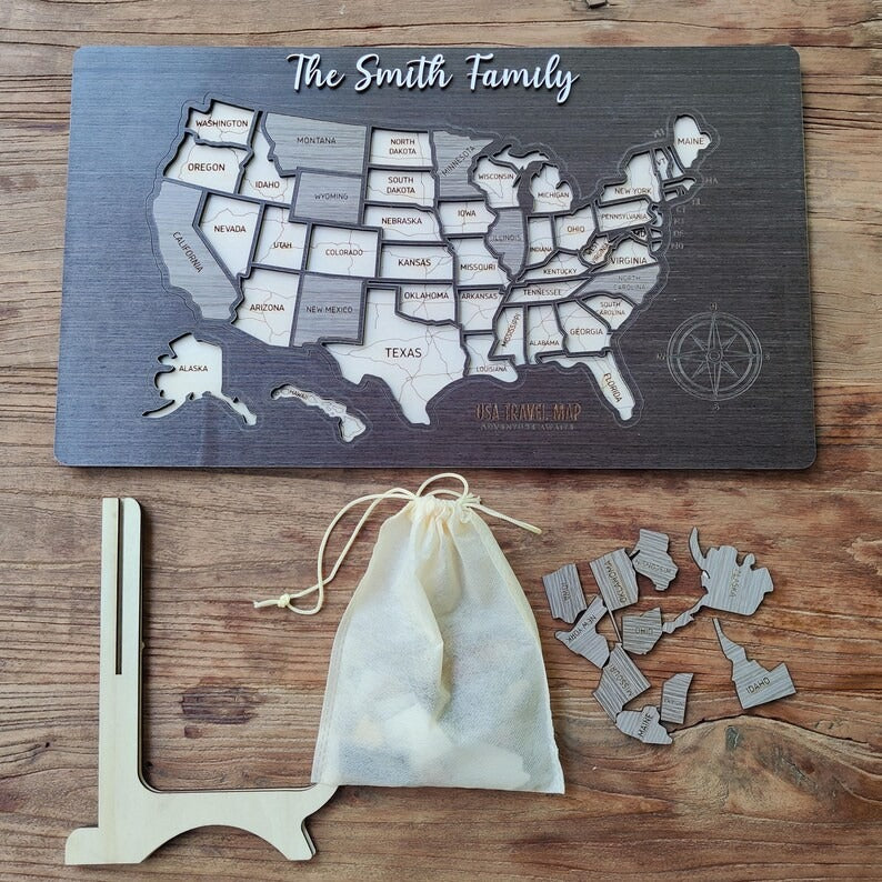 Personalized USA States Puzzle Map(Black Oak)