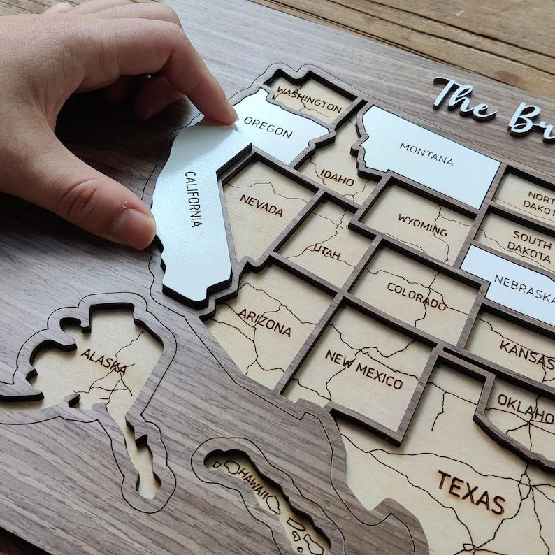 Personalized USA States Puzzle Map(Dark Walnut)