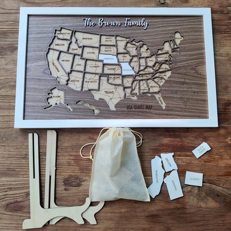 Personalized USA States Puzzle Map(Dark Walnut)