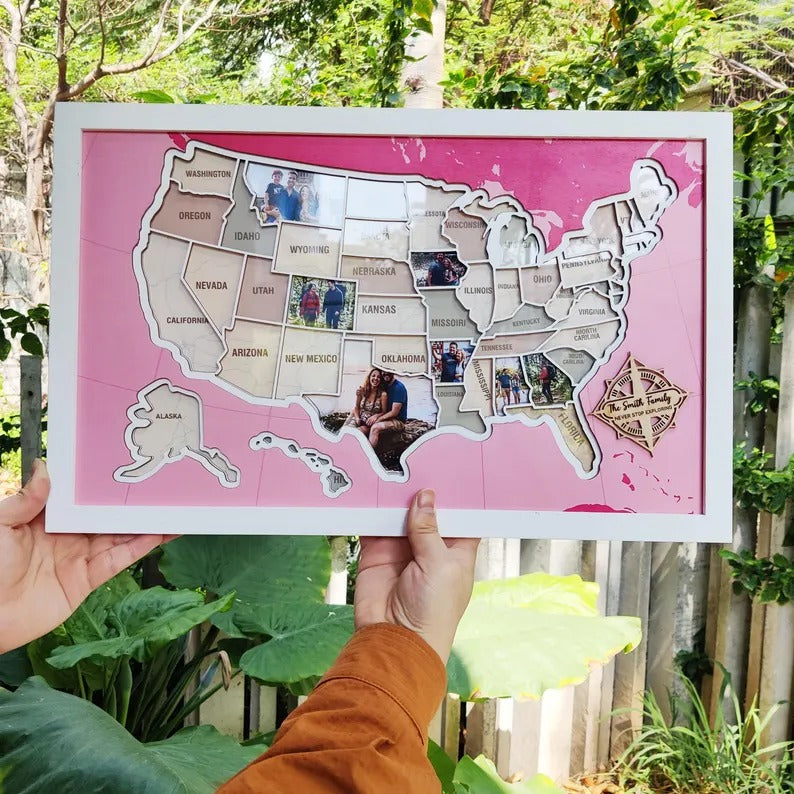 Personalized USA Photo Travel Map - Pink
