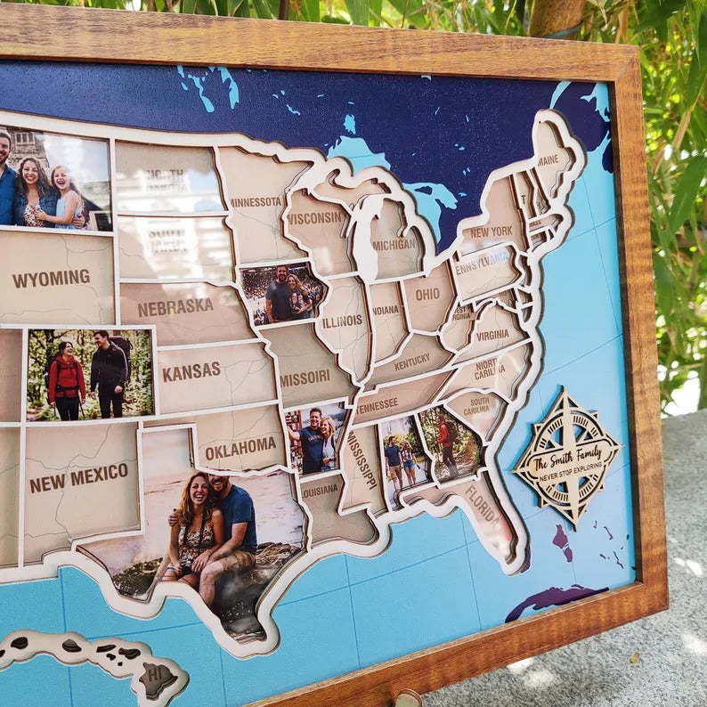 Personalized USA Photo Travel Map - Dark Blue