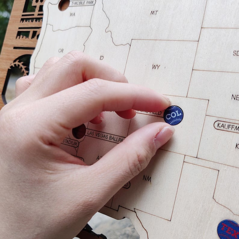 3D Cutout Wooden MLB Stadium Map with Engraved Nameplate & Team Pins