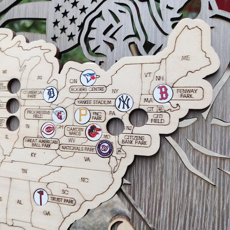 3D Cutout Wooden MLB Stadium Map with Engraved Nameplate & Team Logo Pins