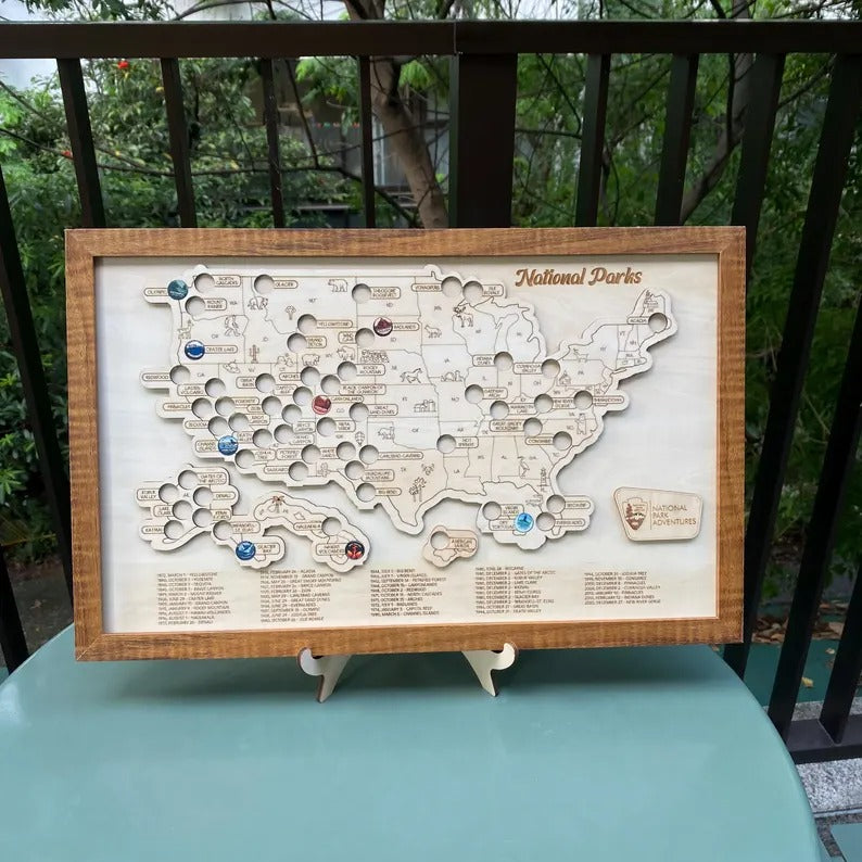 Wooden US National Parks Map - Explore More Sign With Color Pin