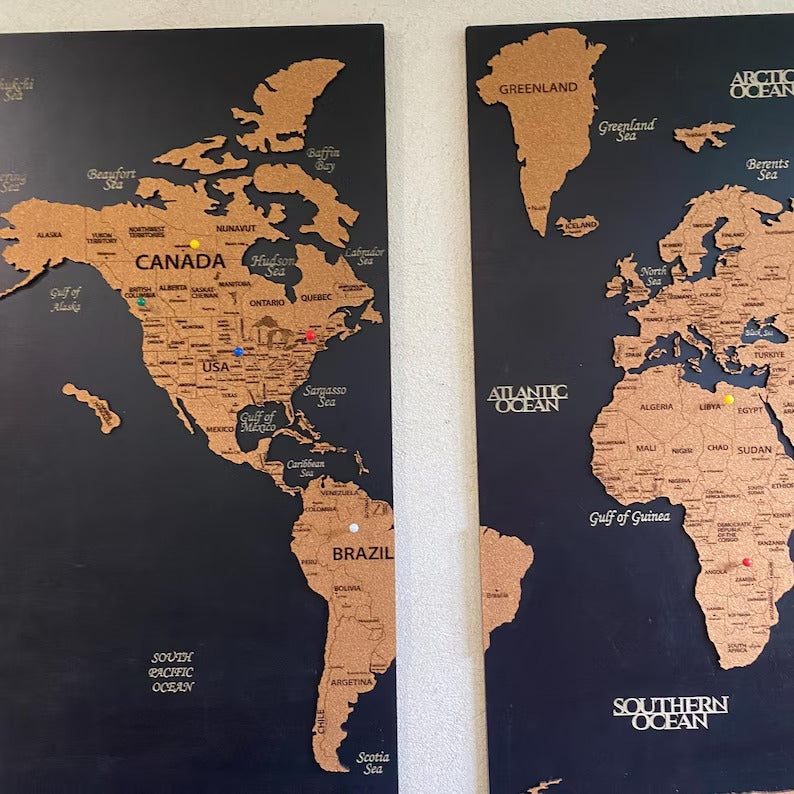 3D Wooden Triptych World Map - 3-Panel Push Pin Travel Wall Art