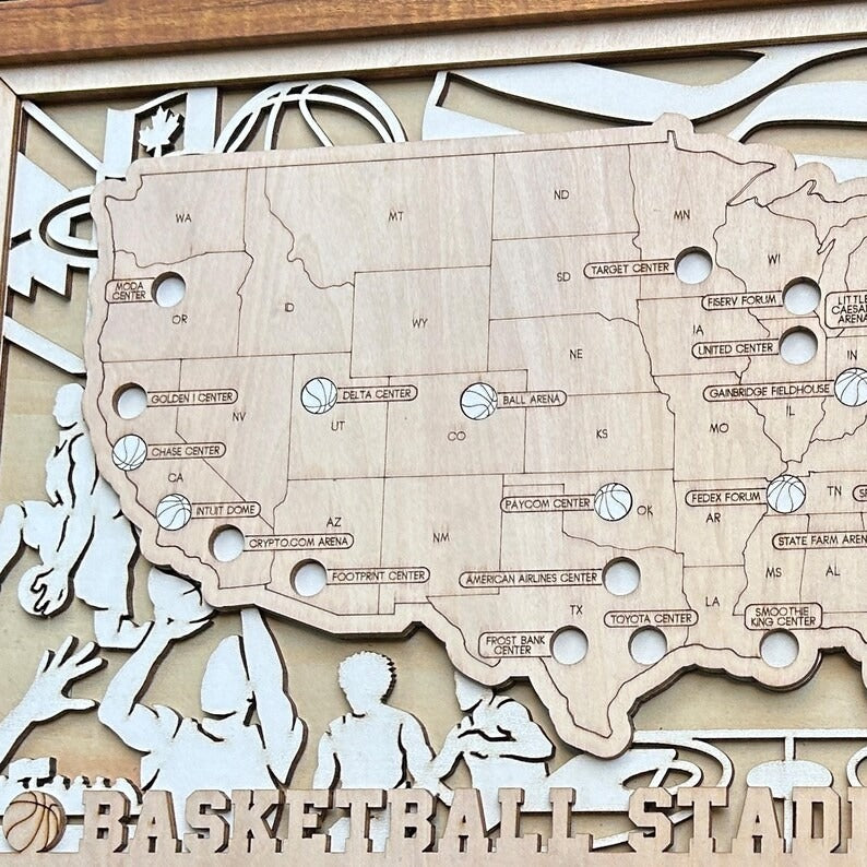 Personalized Basketball Arena Tracker Map – Natural Wood Background