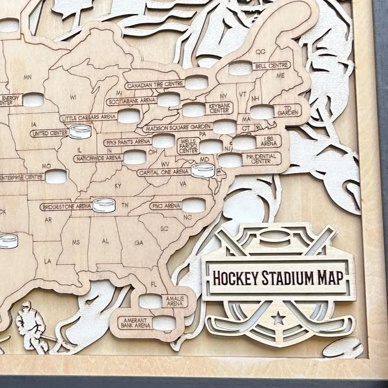Personalized Hockey Arena Tracker Map with Nameplate – Natural Wood Background