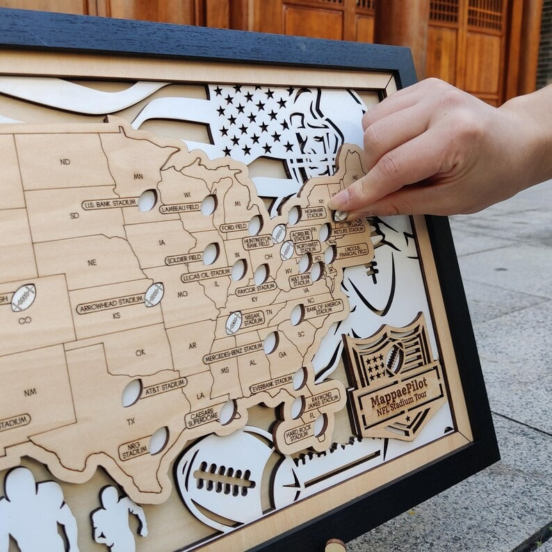 Football Stadium Map Tracker, Custom Wood Art