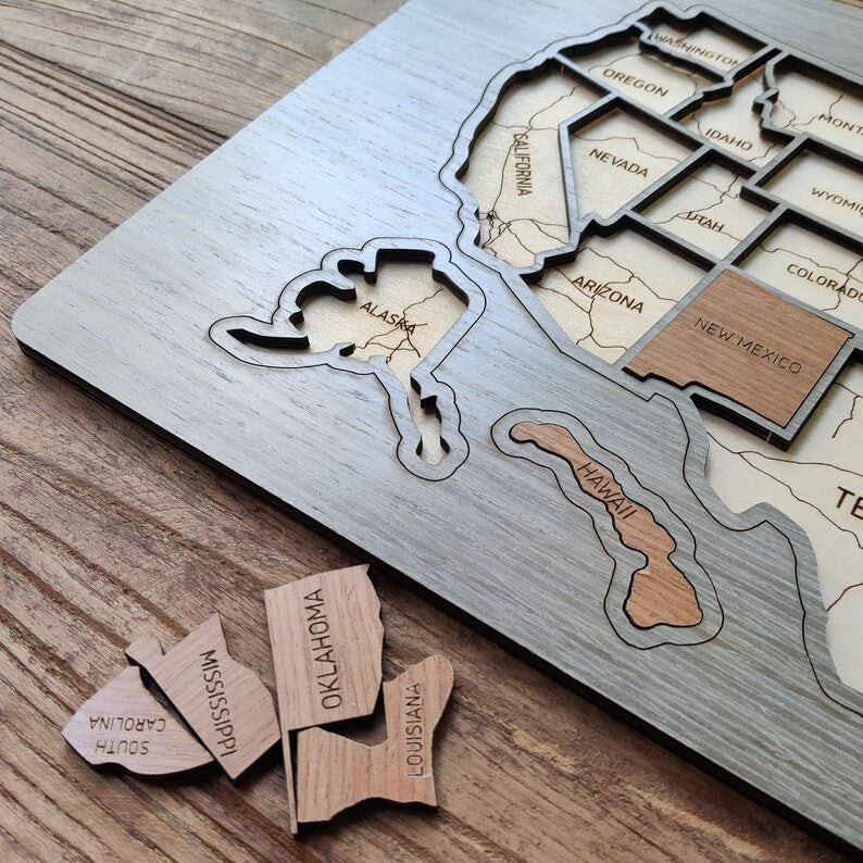 Personalized USA States Puzzle Map(Gery Oak)