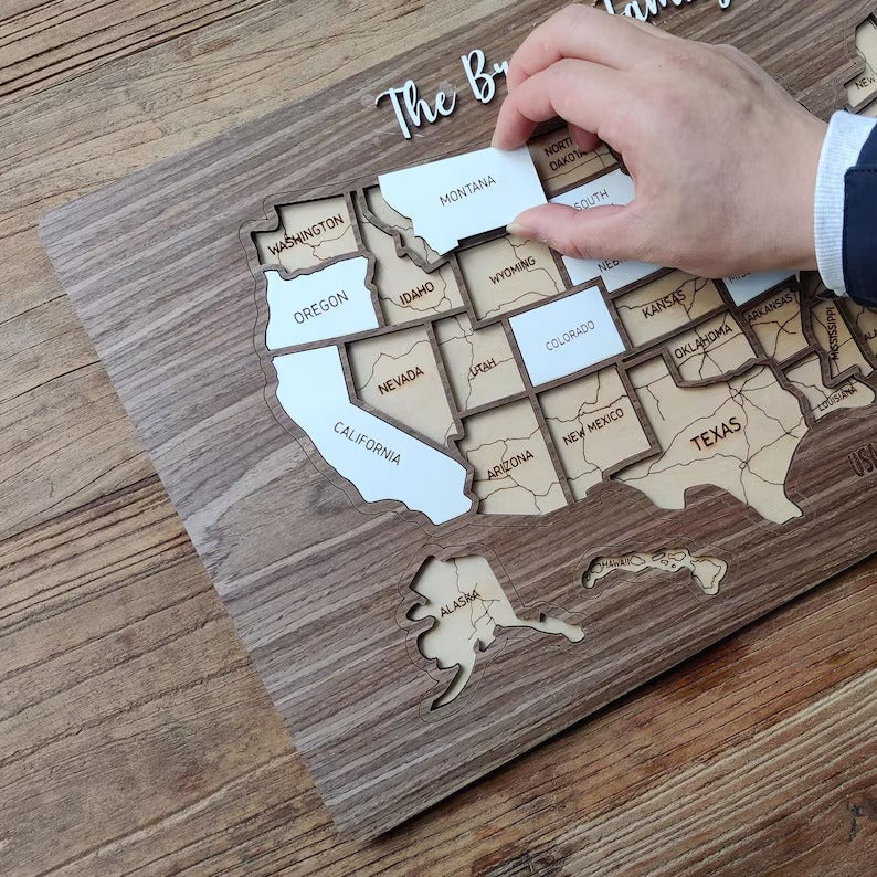 Personalized USA States Puzzle Map(Dark Walnut)