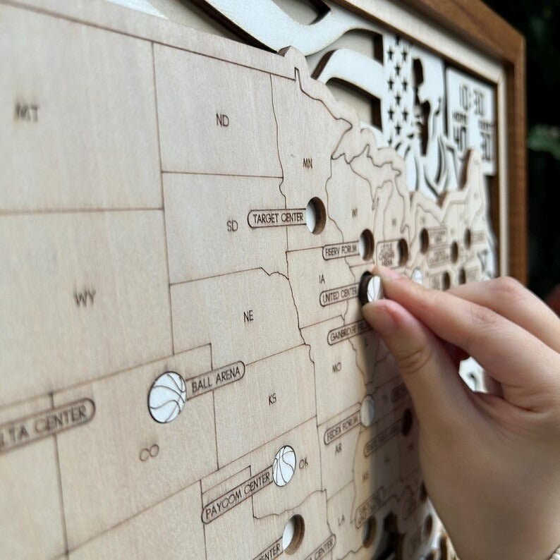 Personalized Basketball Arena Tracker Map with Nameplate – Natural Wood Background
