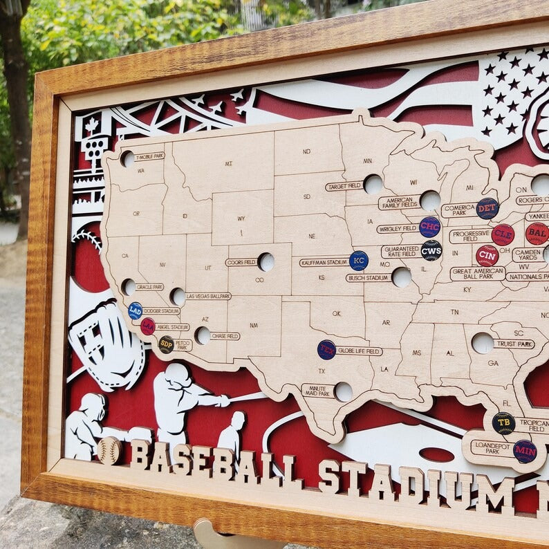 Custom Team Color Wooden MLB Stadium Map with Team Pins