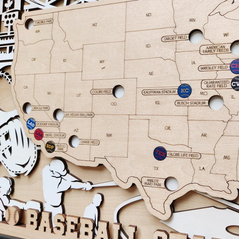 Personalized Wooden MLB Stadium Map with Colorful MLB Team Pins
