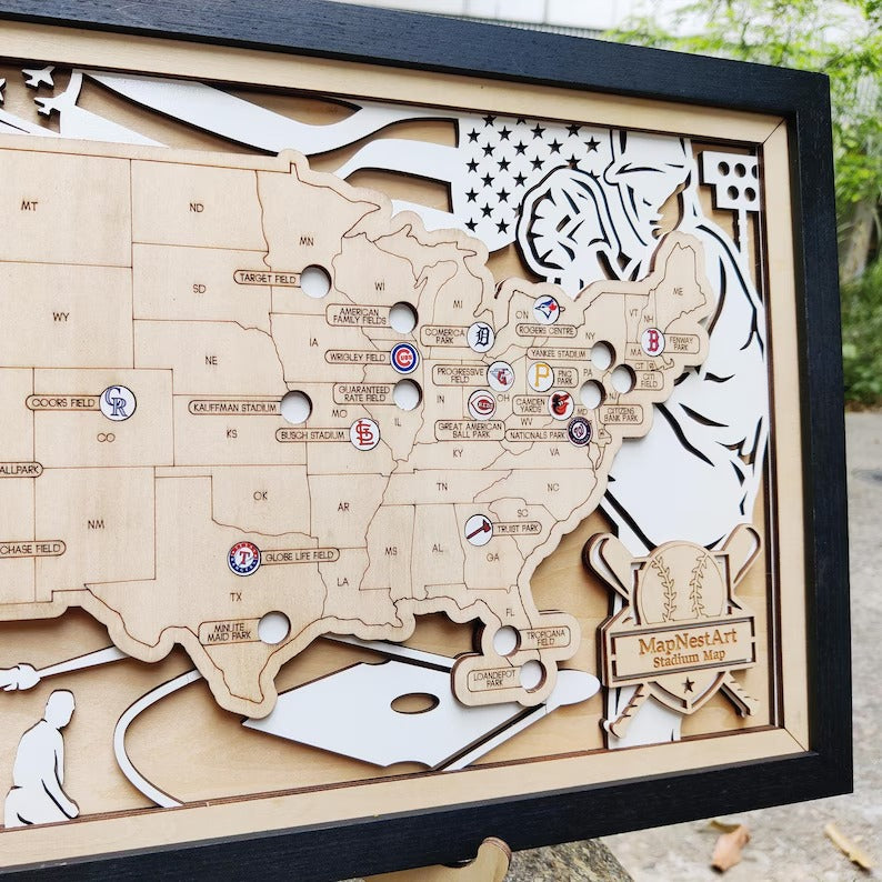 Custom Color MLB Stadium Map with Nameplate & Team Logo Pins