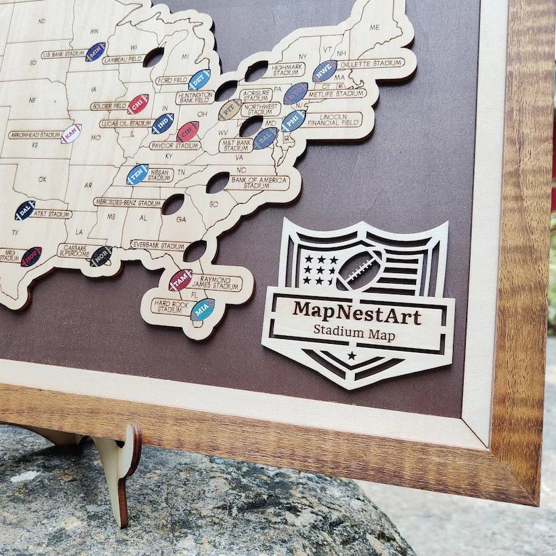 Personalized Brown Wooden NFL Stadium Map with Team Name Pins - Mappae Pilot