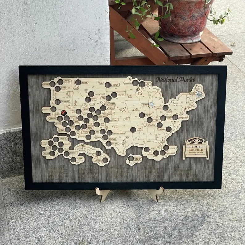 Engraved National Parks Map - Wooden USA Travel Tracker Gift