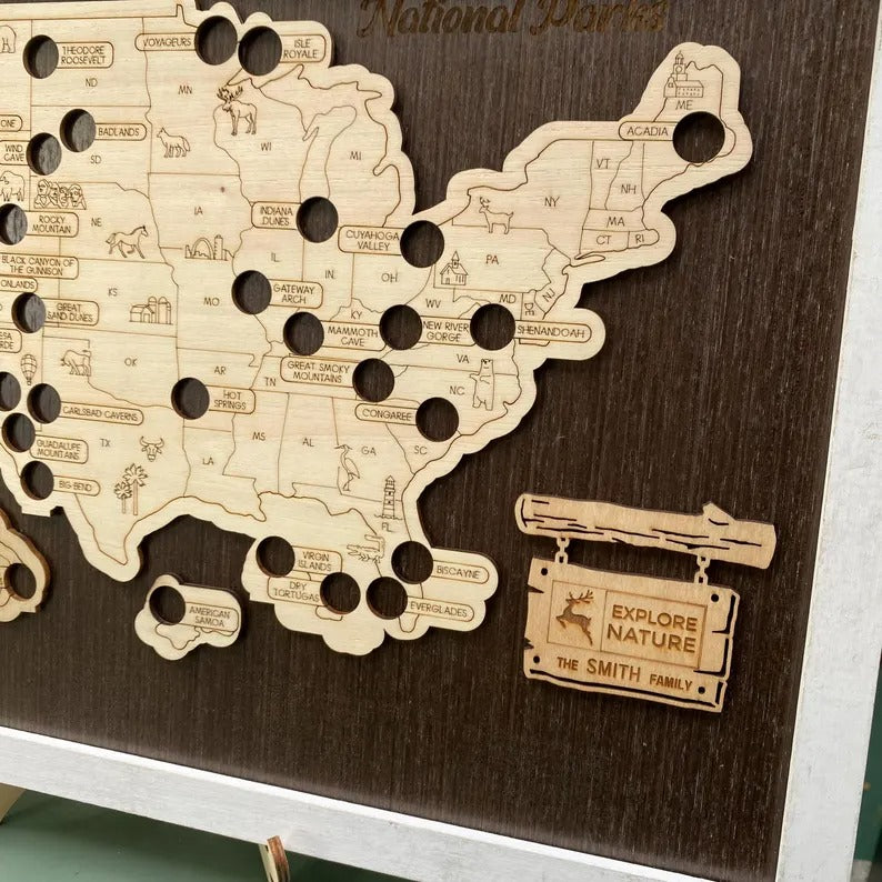 Wooden US National Parks Map - Custom Camping Tracker Wall Art