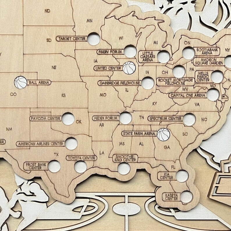 Personalized Basketball Arena Tracker Map with Nameplate – Natural Wood Background