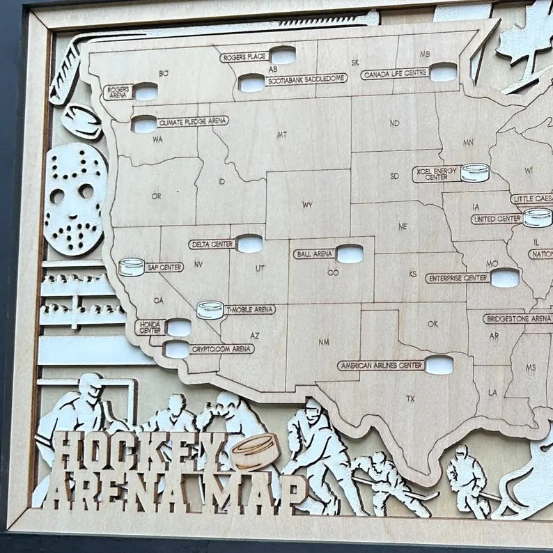 Personalized Hockey Arena Tracker Map – Natural Wood Background